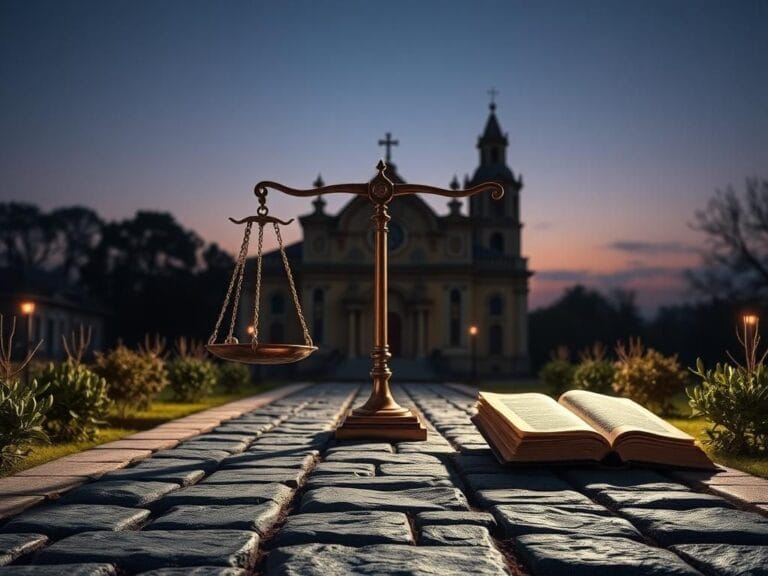 Flick International Dramatic scene of justice scales before an ornate church symbolizing freedom of expression