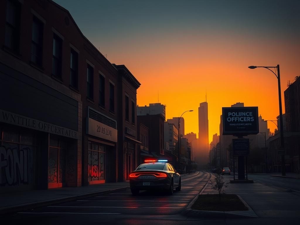 Flick International A city street scene at sunset showing a police car and vacant storefronts reflecting the struggle against violent crime.