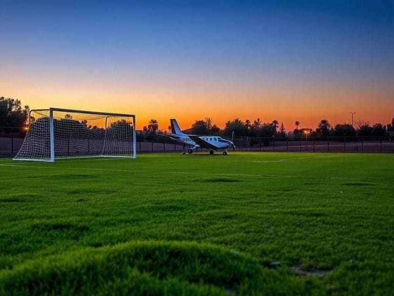 Flick International Small airplane crash landing on a soccer field in California park