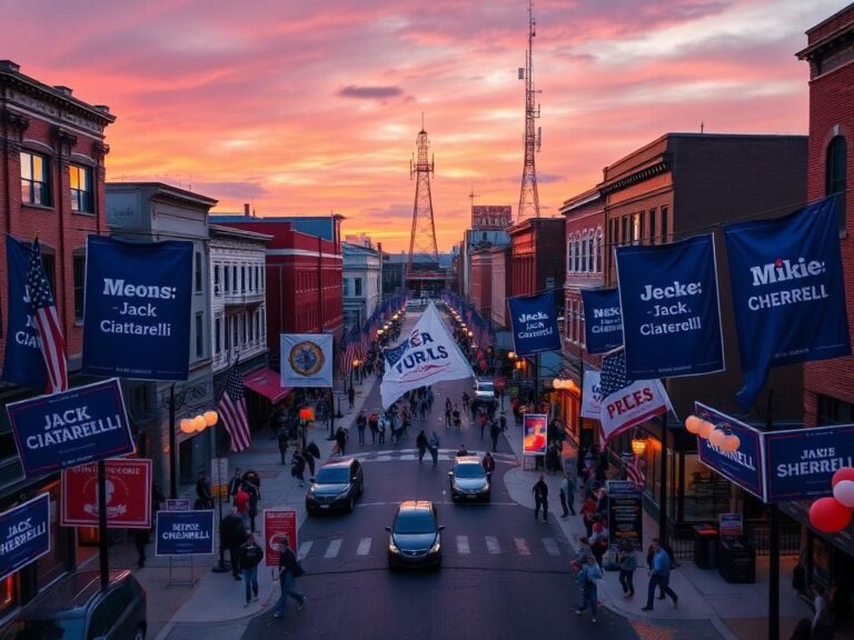 Flick International Aerial view of a New Jersey town square with campaign banners for Jack Ciattarelli and Mikie Sherrill
