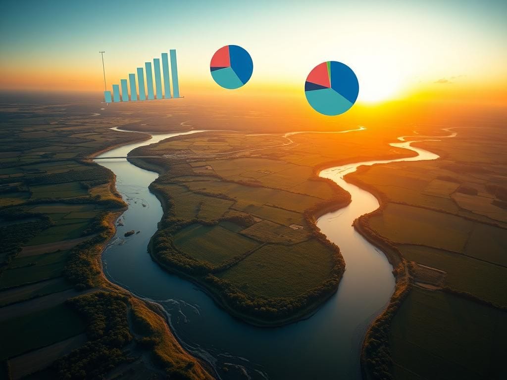 Flick International Aerial view of the U.S. budget landscape with rivers representing Medicare and Social Security