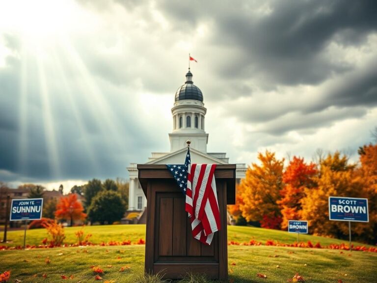Flick International A serene landscape of New Hampshire's state house with a weathered podium draped in an American flag, symbolizing political ambition.