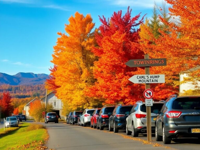 Flick International A picturesque autumn scene in a small Vermont town with vibrant fall foliage and parked cars blocking the road