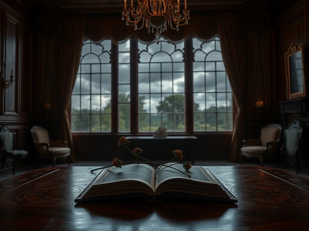 Flick International Elegant royal palace interior with dark wood paneling and ornate chandelier