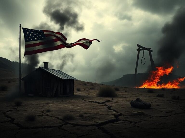 Flick International Abstract representation of conflict with a weathered abolitionist’s shack and a tattered American flag amidst dark smoke