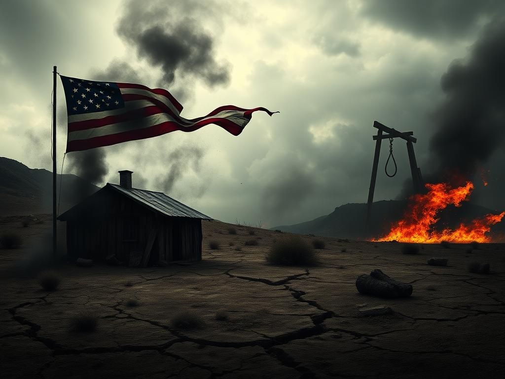 Flick International Abstract representation of conflict with a weathered abolitionist’s shack and a tattered American flag amidst dark smoke