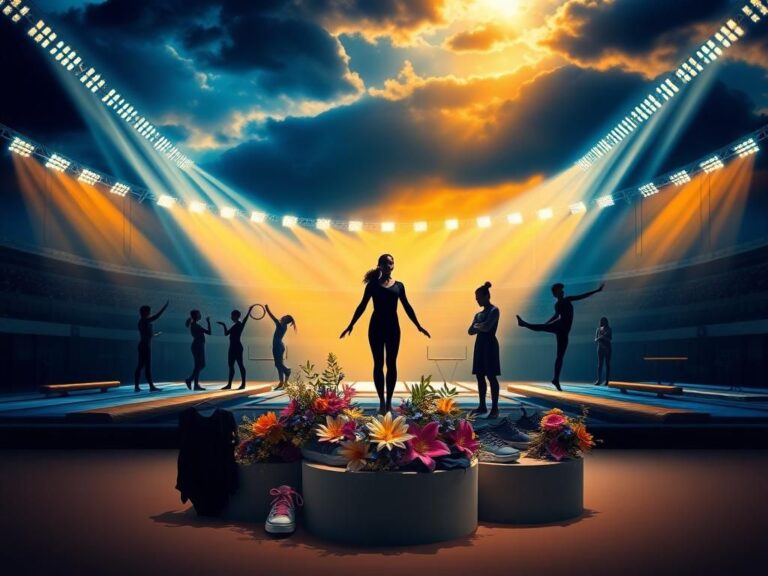 Flick International Abstract representation of women's sports advocacy with gymnastic apparatus in a vibrant arena