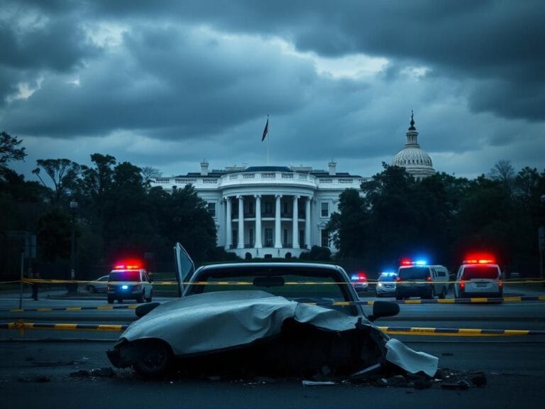 Flick International Dramatic scene of the White House surrounded by police barricades and emergency vehicles.