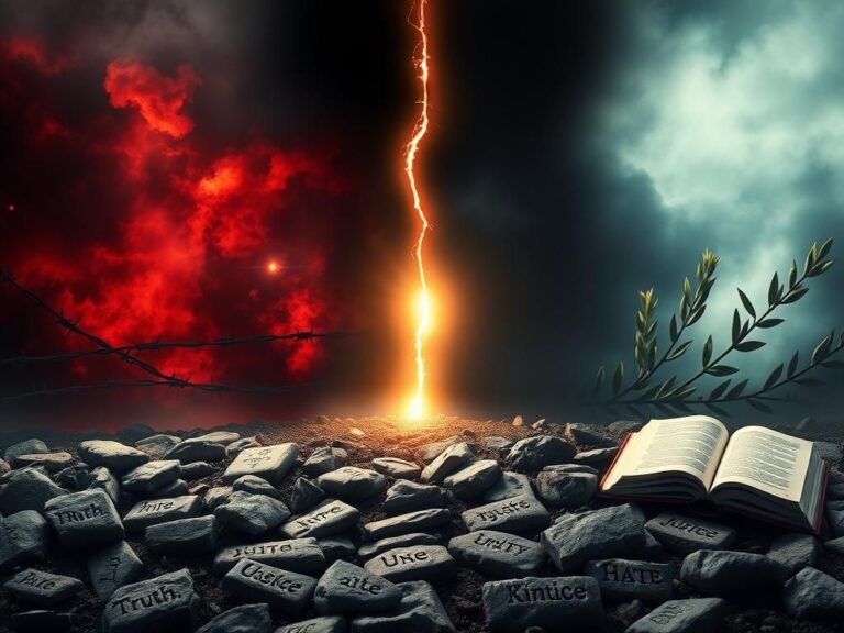 Flick International A powerful symbolic representation of the fight against antisemitism, showcasing a dark landscape split by a glowing barrier of light.