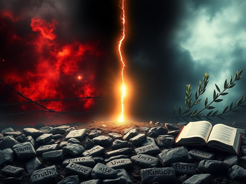 Flick International A powerful symbolic representation of the fight against antisemitism, showcasing a dark landscape split by a glowing barrier of light.