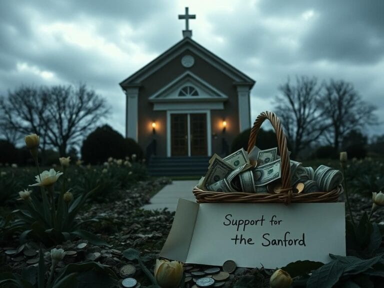 Flick International Dimly lit church with closed doors and flickering candlelight, symbolizing grief and community support.