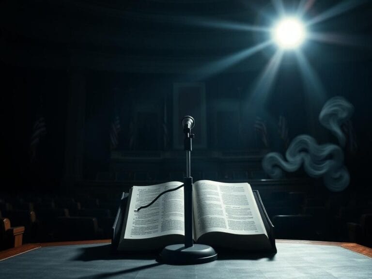 Flick International Dramatic scene of an empty podium in the U.S. Senate chamber under bright spotlight