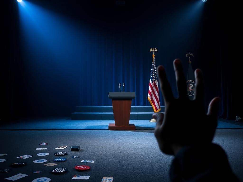 Flick International Dimly lit stage with presidential podium and American flag symbolizing political tension
