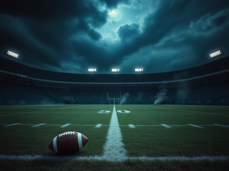 Flick International A dramatic empty football field under stormy skies symbolizing the turmoil of the Miami Dolphins organization