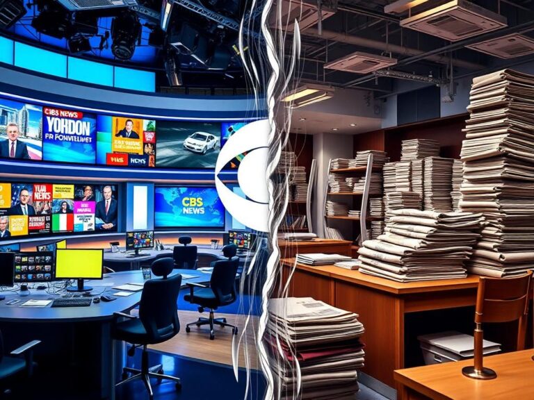 Flick International A split image contrasting a vibrant modern newsroom with a traditional newsroom at CBS News