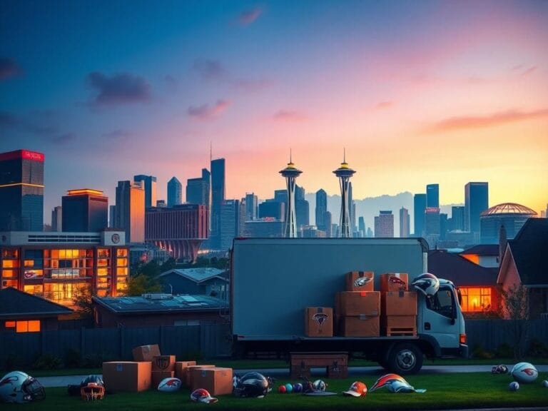 Flick International A moving truck parked at a home during twilight, surrounded by football gear and memorabilia, symbolizing the transient lifestyle of NFL players and their families.