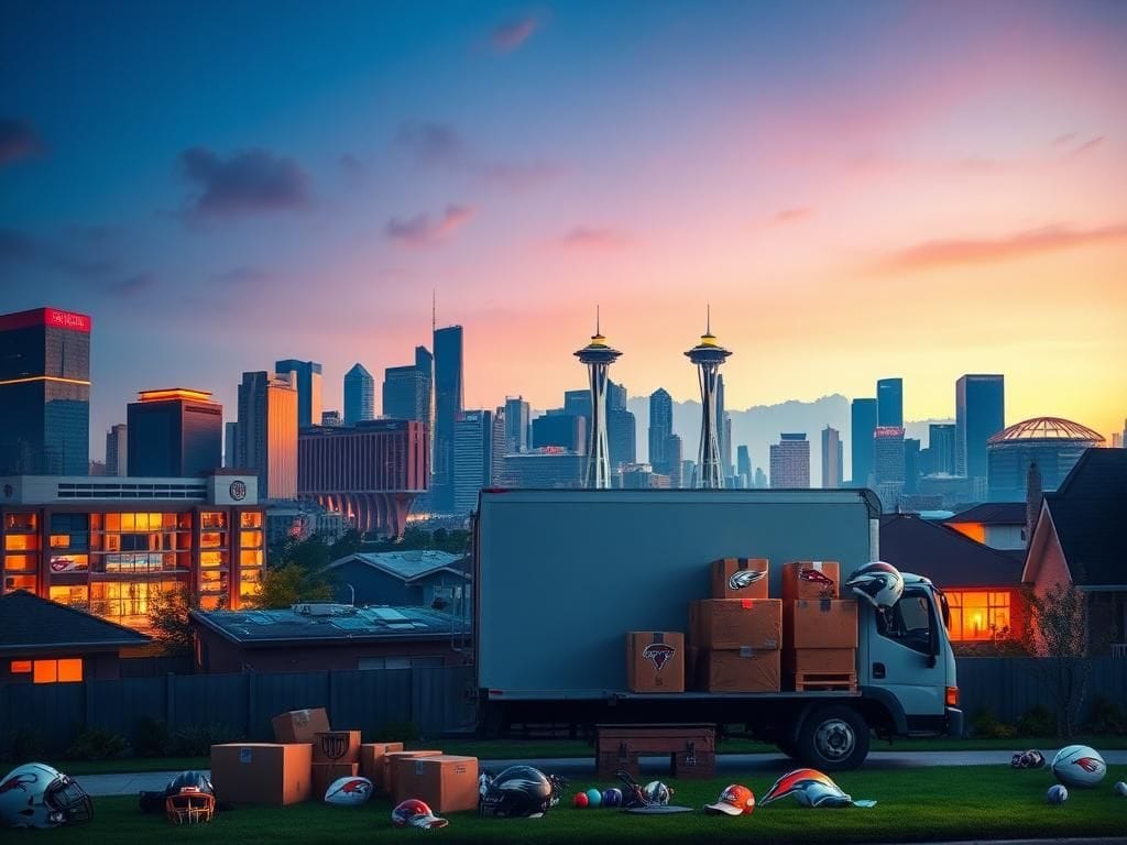 Flick International A moving truck parked at a home during twilight, surrounded by football gear and memorabilia, symbolizing the transient lifestyle of NFL players and their families.