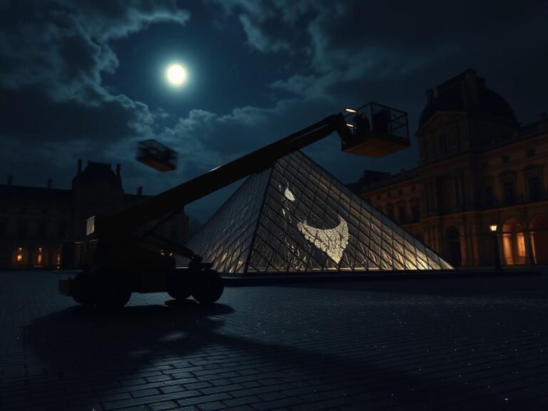 Flick International Truck-mounted moving lift positioned near the Louvre Museum during a dramatic jewel heist scene