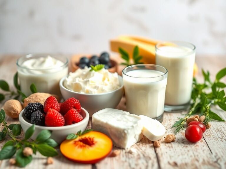 Flick International A still life of yogurt, cottage cheese, and kefir surrounded by fresh fruits and nuts on a wooden table