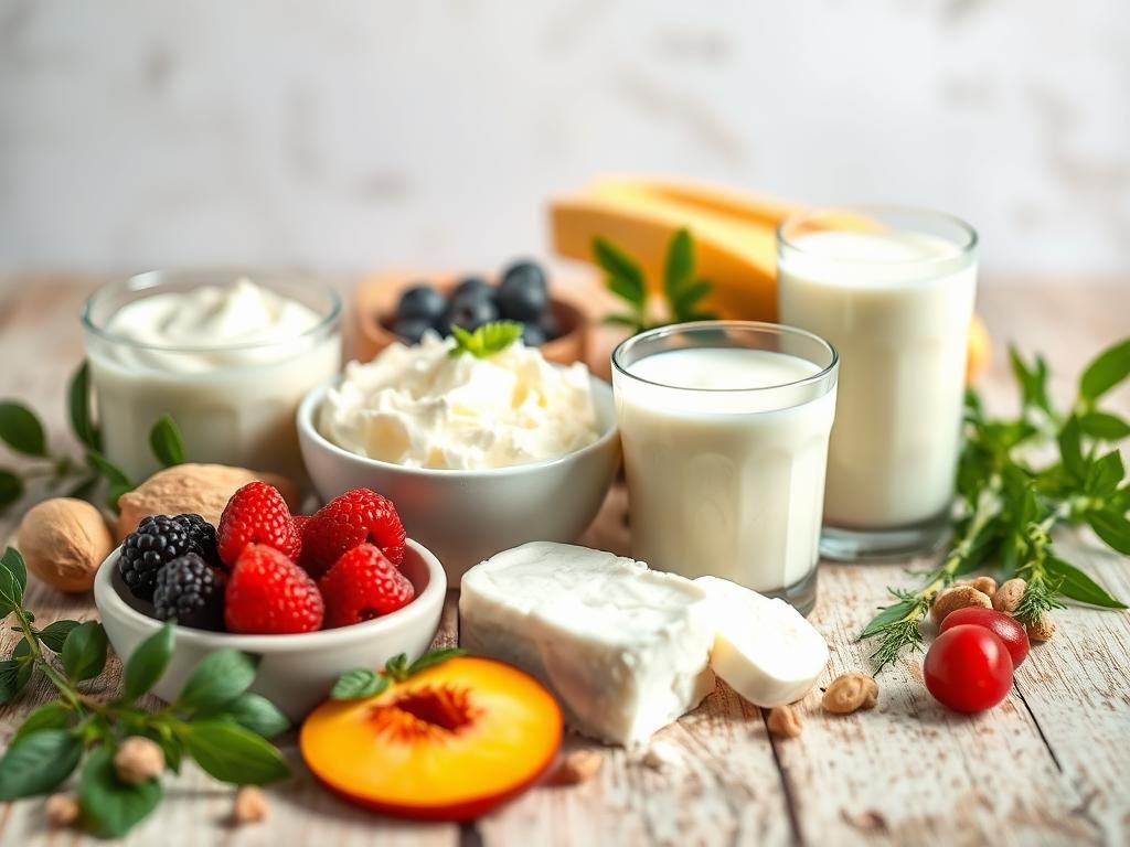 Flick International A still life of yogurt, cottage cheese, and kefir surrounded by fresh fruits and nuts on a wooden table