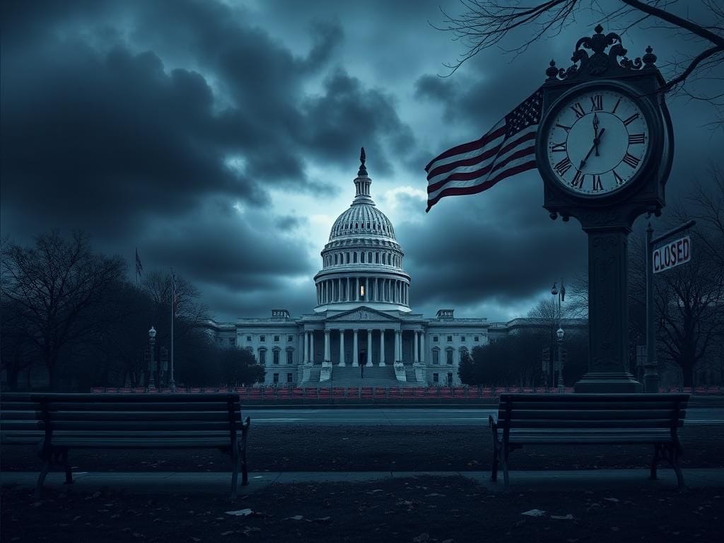 Flick International Dark, somber scene of the U.S. Capitol building shrouded in clouds during the longest government shutdown in history