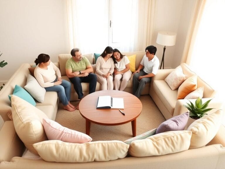 Flick International Cozy living room setting symbolizing blended family atmosphere with soft pastel colors and therapeutic elements