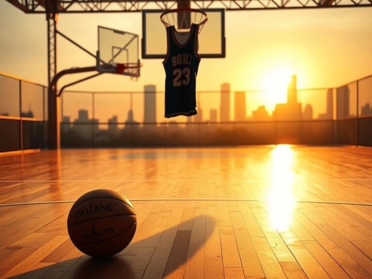 Flick International Empty basketball court at sunset with a worn basketball