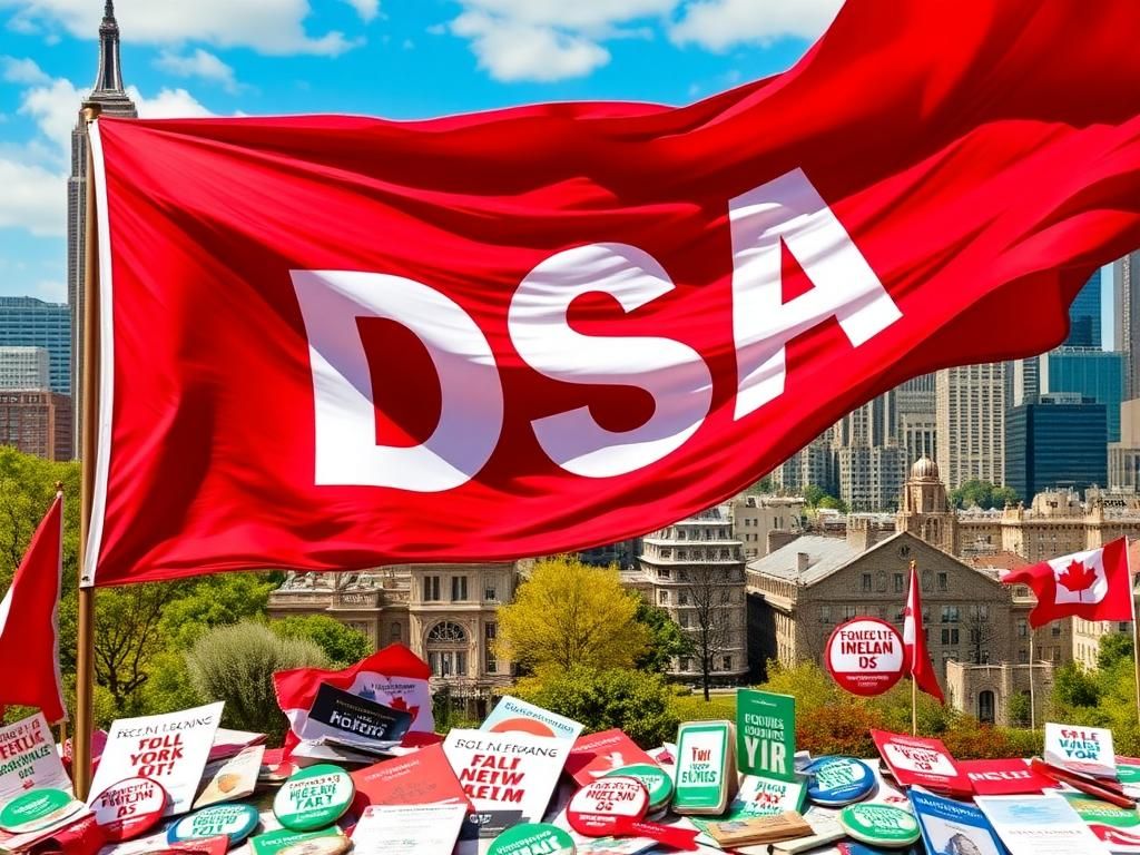 Flick International Large red and black DSA flag symbolizing democratic socialism in a New York City urban landscape