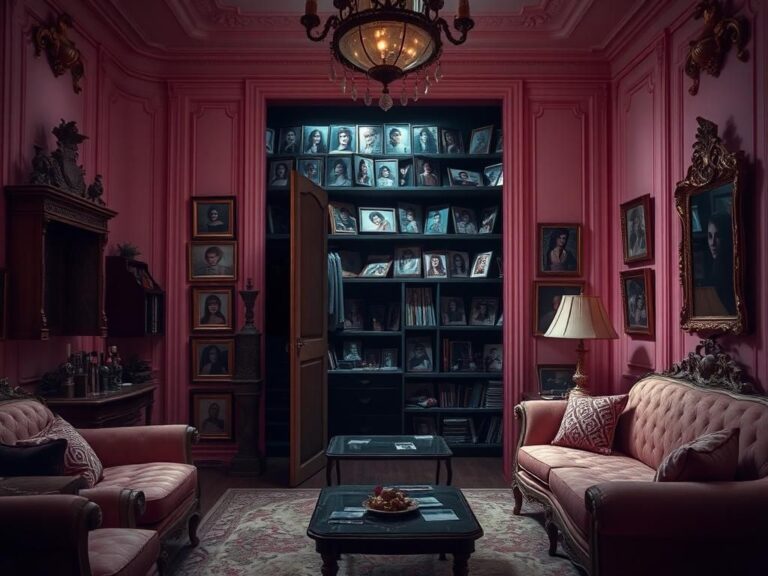 Flick International Dimly lit trophy closet revealing psychological manipulation in Epstein's mansion