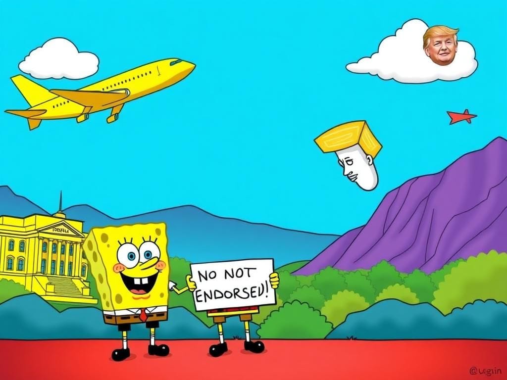Flick International Whimsical political cartoon featuring SpongeBob SquarePants mocking the Sears-Trump relationship