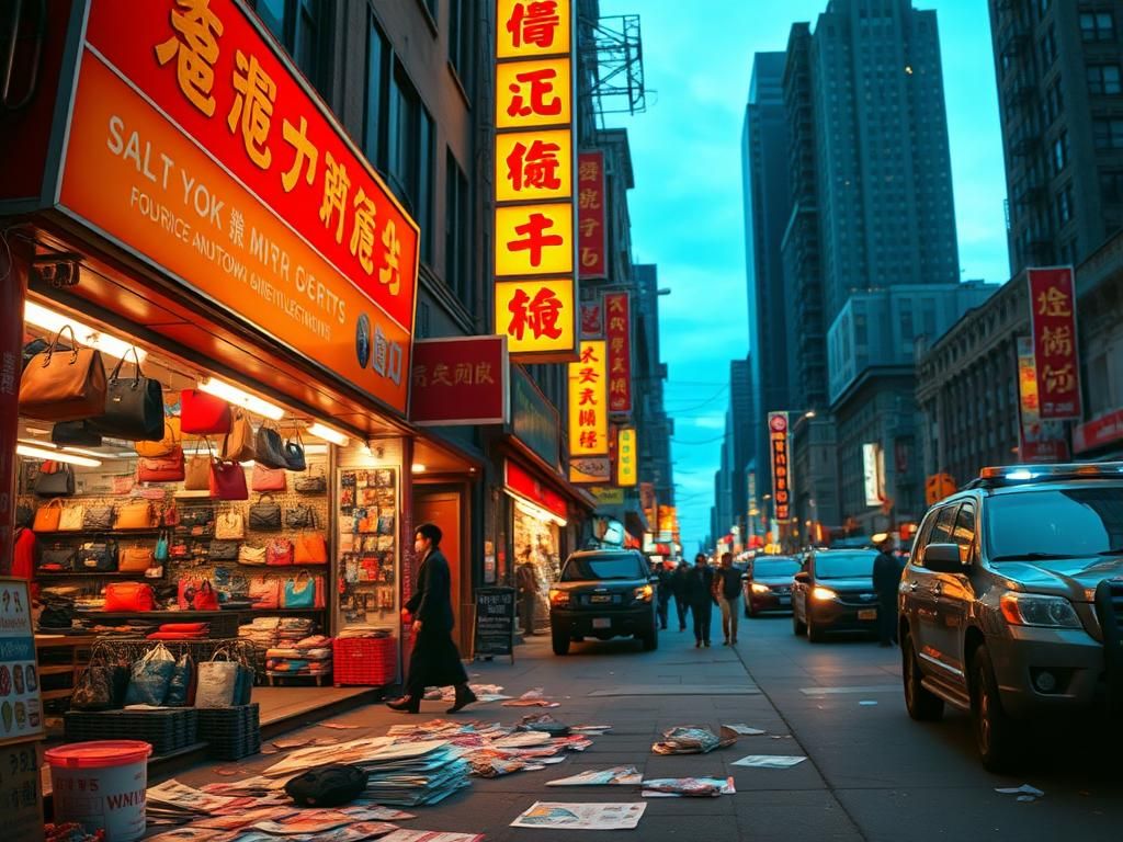 Flick International Bustling scene in Chinatown, NYC with law enforcement presence and protest materials