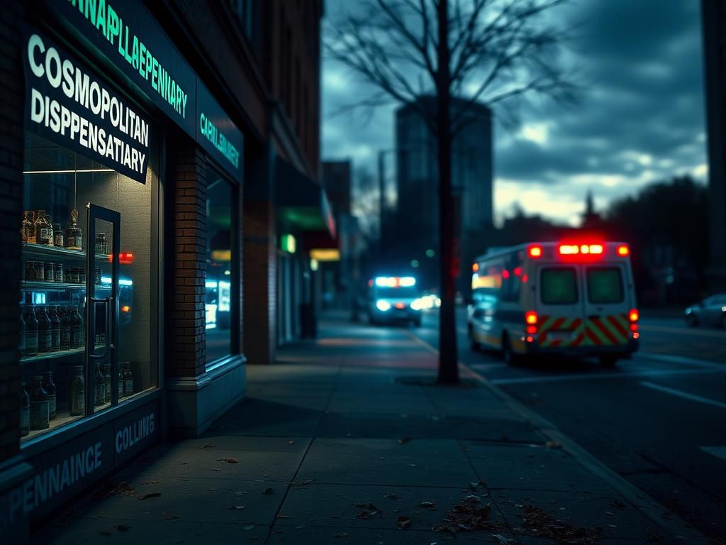Flick International Dramatic scene outside Cosmopolitan Dispensary with ominous lighting