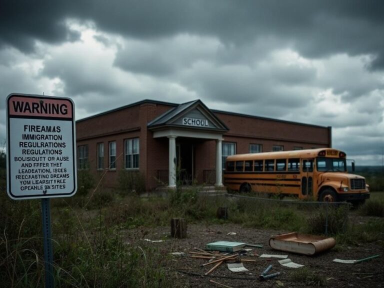 Flick International Abandoned school building overgrown with weeds symbolizing neglect
