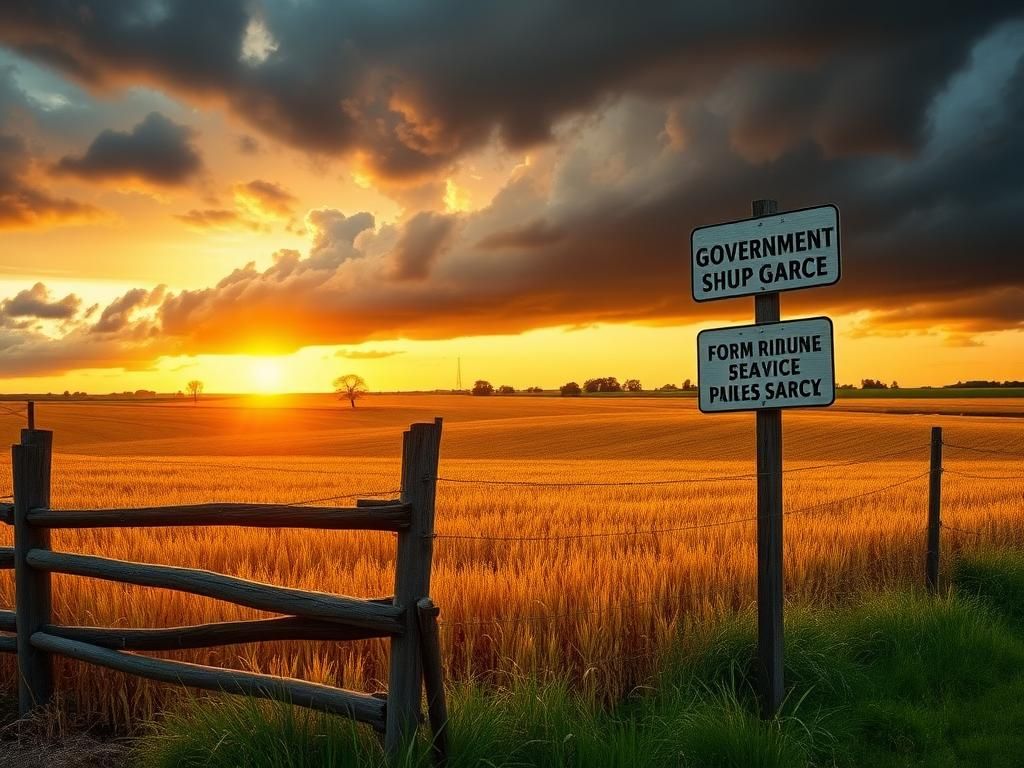 Flick International Rustic farm landscape at sunset with golden fields and weathered wooden fence symbolizing agricultural struggles
