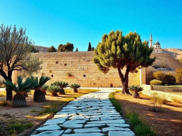 Flick International Serene landscape of the Holy Land featuring the ancient Western Wall and olive trees under bright blue skies