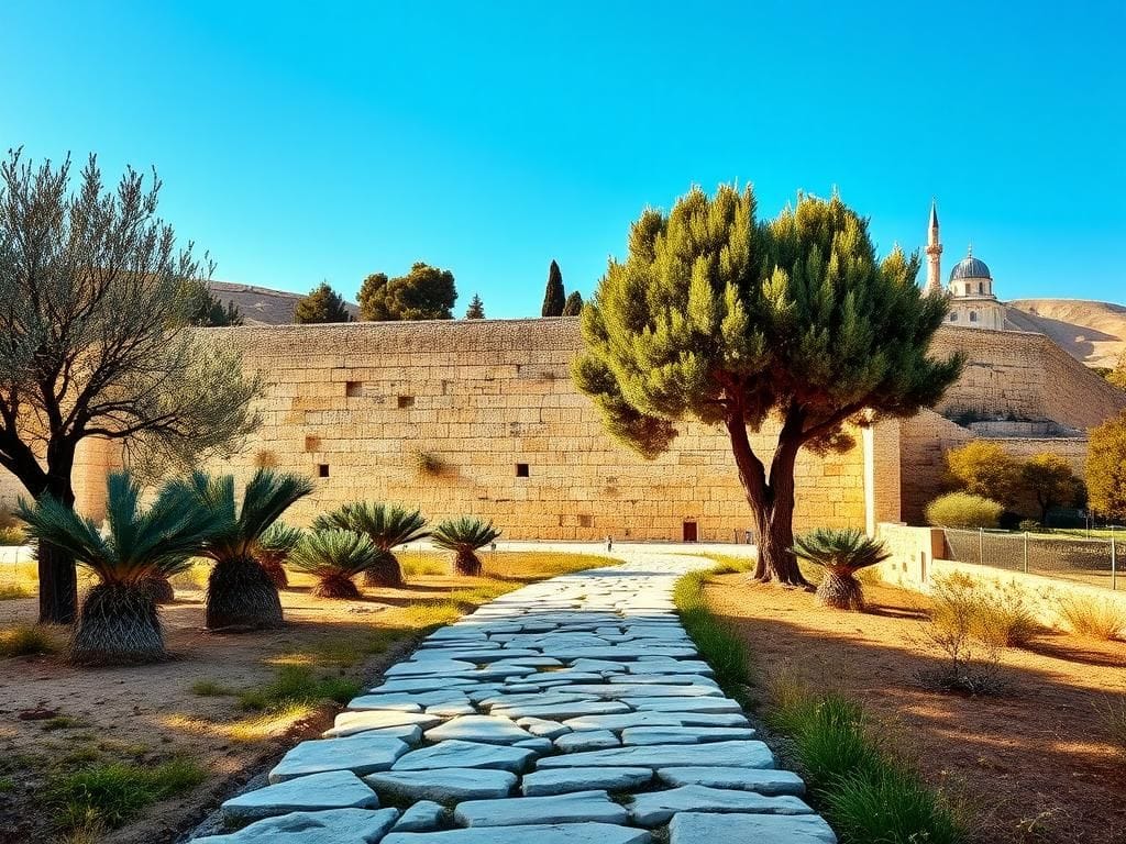 Flick International Serene landscape of the Holy Land featuring the ancient Western Wall and olive trees under bright blue skies