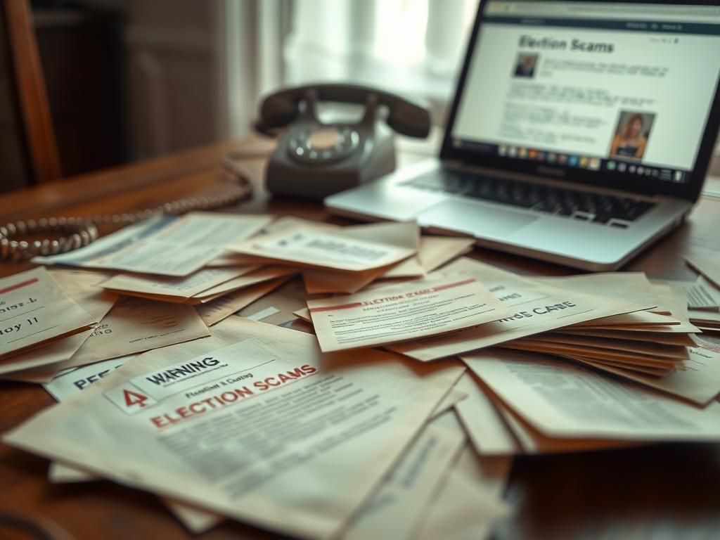 Flick International Close-up of a vintage wooden table with election scam warning note and official-looking mail