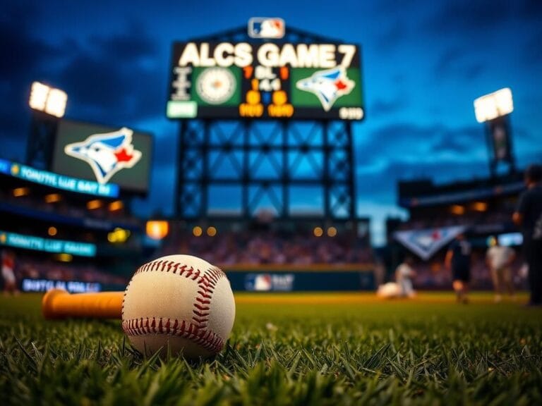 Flick International Baseball scene under twilight with ALCS Game 7 scoreboard and baseball bat mid-swing