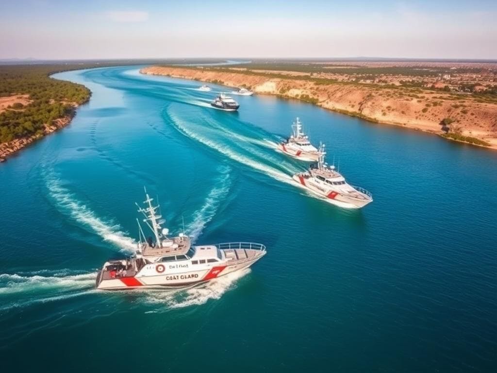 Flick International Aerial view of the Rio Grande River with Coast Guard vessels navigating the waters