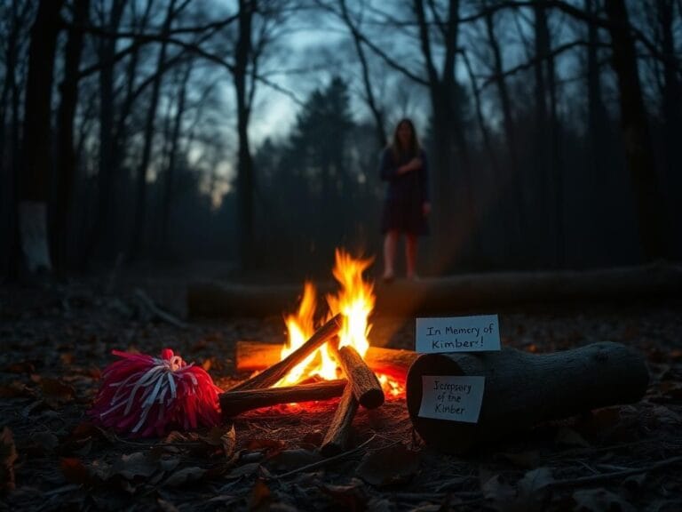 Flick International A somber woodland scene at dusk with a flickering bonfire, cheerleading pom-poms, and a handwritten note in memory of Kimber.