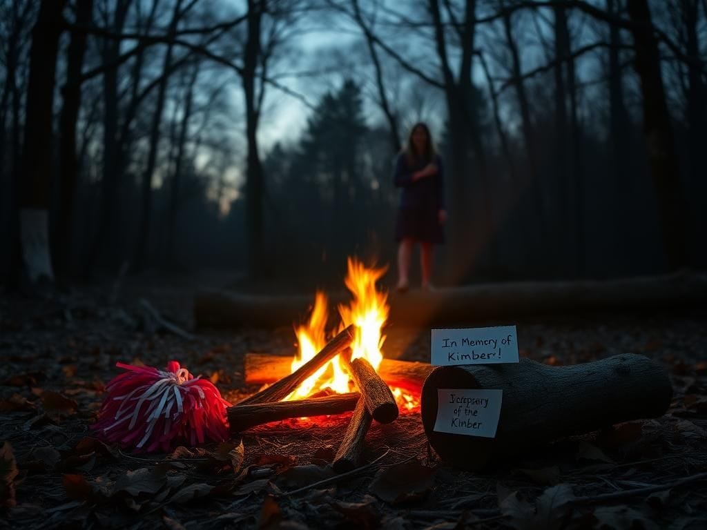 Flick International A somber woodland scene at dusk with a flickering bonfire, cheerleading pom-poms, and a handwritten note in memory of Kimber.