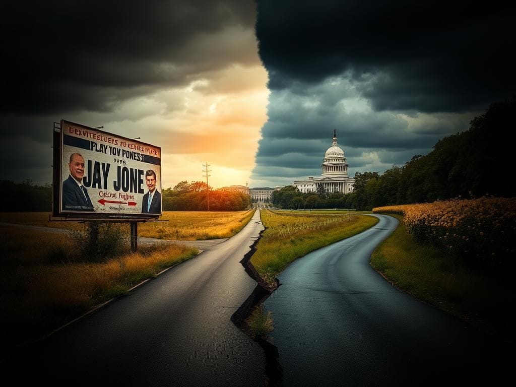 Flick International A torn political landscape with a split road representing division in the campaign of Jay Jones.