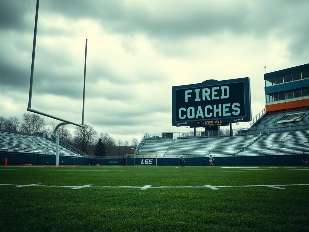 Flick International Empty college football field with goalposts and a faded scoreboard displaying 'Fired Coaches'