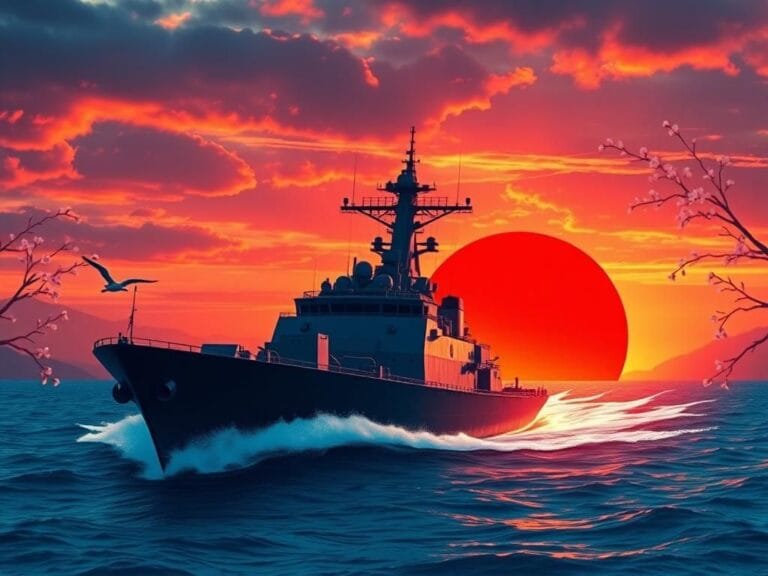 Flick International A modern Japanese military ship navigating azure waters during sunset