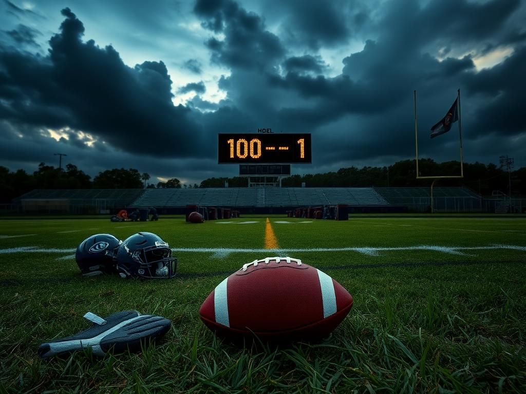 Flick International A high school football field in Alabama showing a scoreboard reading 100-0, symbolizing a significant loss.