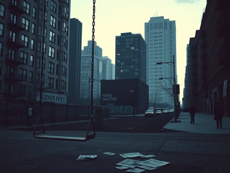 Flick International Somber urban scene depicting a deserted playground in New York City under the shadows of neglect and sanctuary policies.