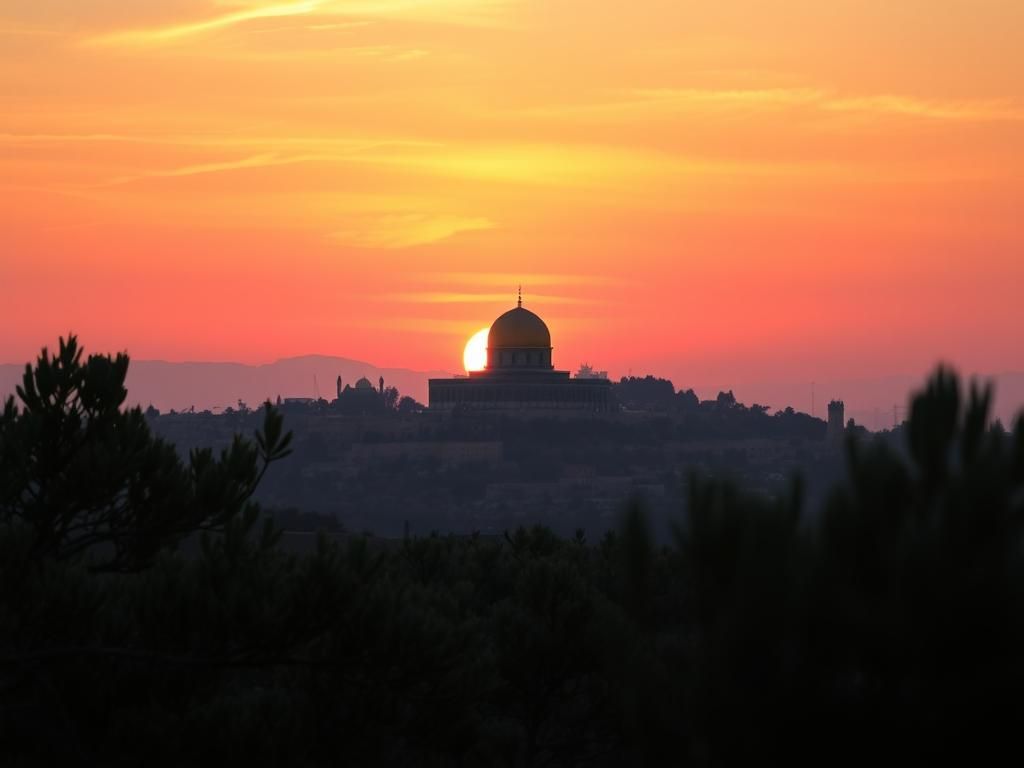 Flick International Tranquil sunset over the Middle East with the Dome of the Rock silhouetted