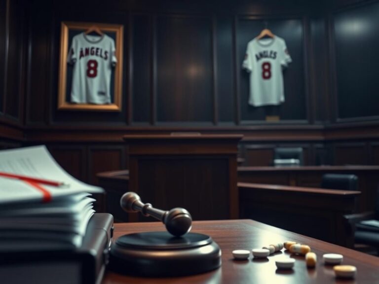 Flick International Dimly lit courtroom with a wooden witness stand representing the trial of Mike Trout regarding Tyler Skaggs' death