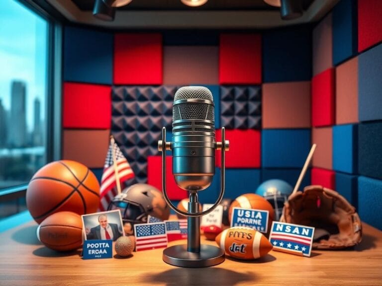 Flick International A vibrant podcast studio setup with a modern microphone surrounded by sports memorabilia and political symbols