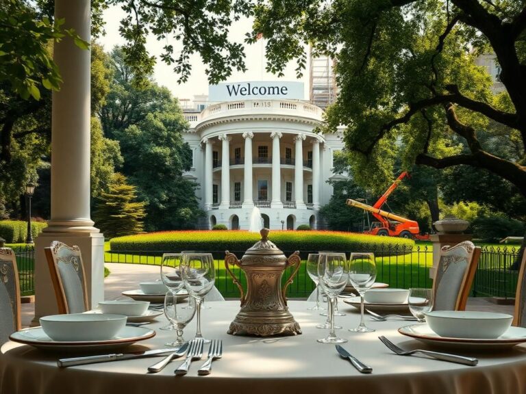 Flick International Elegant representation of the White House with lush greenery and a 'Welcome' banner